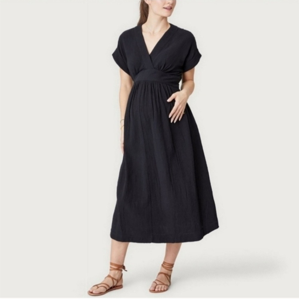 Hatch Black V-Neck Midi Dress with Smocked Waist